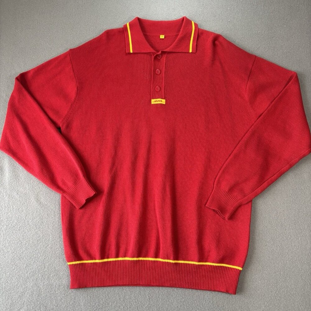 VTG 2005 Y2K DHL Company Sweater Mens M/L Red‎ Pullover Logo Embroidered Comfy